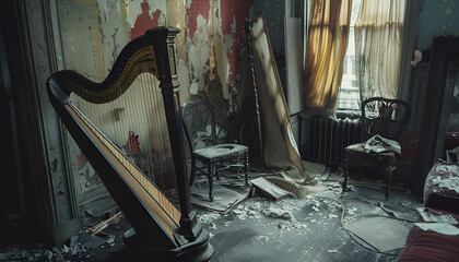 Gothic harp, untouched, in an abandoned parlor
