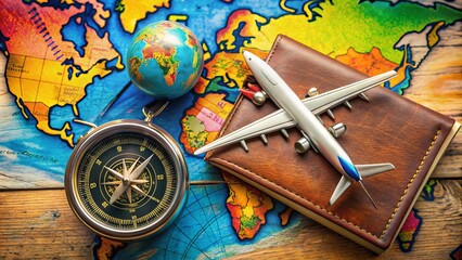 Fototapeta na wymiar A colorful compass with a miniature airplane and globe, surrounded by luggage tags and a travel journal, symbolizing adventure and exploration.