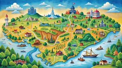 Obraz premium A colorful, detailed map of Kentucky showcasing state boundaries, cities, towns, rivers, and highways, highlighting its rich history and picturesque Bluegrass Region landscapes.