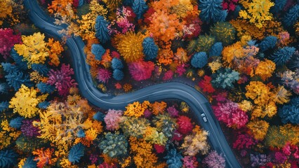 Stunning Aerial View of Vibrant Autumn Forest with Winding Road Through Colorful Trees Captured in Saturated Brightness