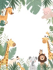 Naklejka premium baby animals jungle/safari theme as a border on a white background. Cartoon pastel style.