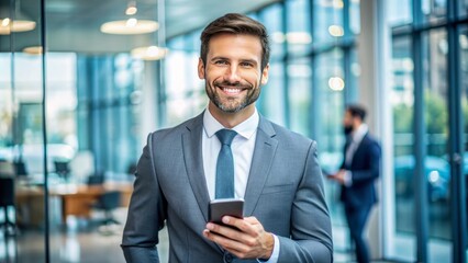 Fototapeta premium A confident and approachable business expert smiles while holding a smartphone, showcasing exceptional communication skills and a friendly demeanor for successful sales interactions.