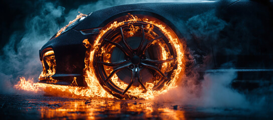 A car is on fire and the wheel is glowing