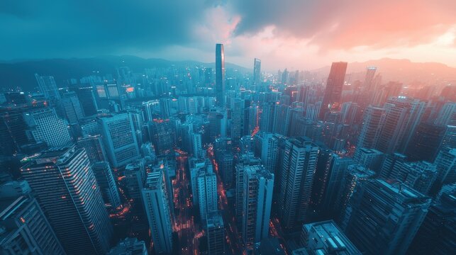 Stunning aerial view of a vibrant city skyline at sunset, showcasing skyscrapers and urban life under dramatic clouds.