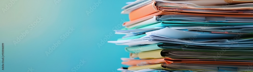 Poster a colorful stack of paper documents on a vibrant blue background, representing organization and prod