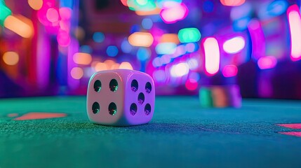 Dice on a green casino table, with colorful lights and bustling activity in the background, symbolizing the excitement of the gaming world.