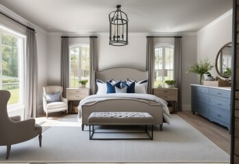 French country interior design of modern bedroom in farmhouse