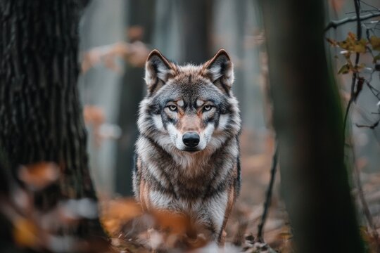 A lone wolf in the distance, staring directly at the camera, its piercing eyes sharply focused.