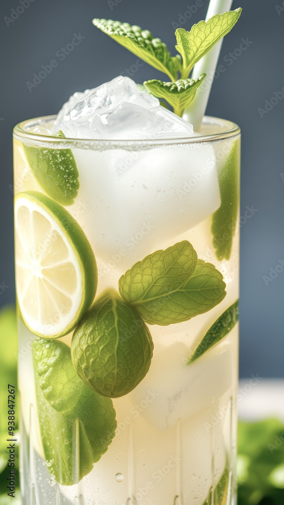 Poster Closeup of refreshing mojito drink with lime and mint