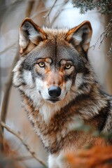 Fototapeta premium A lone wolf in the distance, staring directly at the camera, its piercing eyes sharply focused.