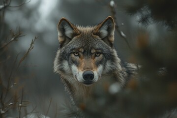 Fototapeta premium A lone wolf in the distance, staring directly at the camera, its piercing eyes sharply focused.