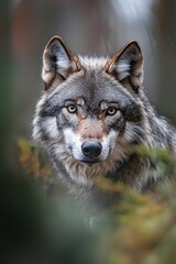 Obraz premium A lone wolf in the distance, staring directly at the camera, its piercing eyes sharply focused.