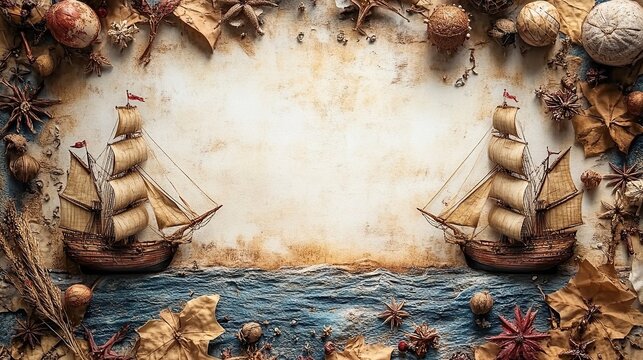 Columbus Day card poster flat lay with US decorations and ribbon on white background