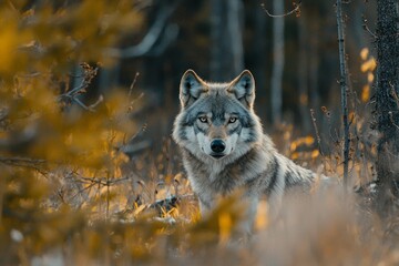 Obraz premium A lone wolf in the distance, staring directly at the camera, its piercing eyes sharply focused.