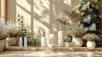 Cosmetic dispenser bottles on podiums with dry flax flowers on a beige background for natural organic beauty product branding.