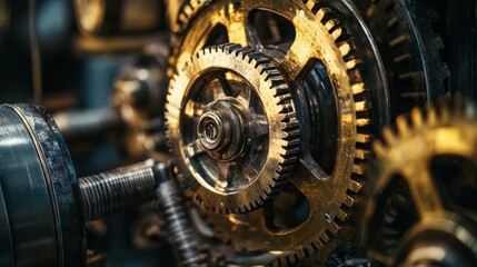 Close-up of intricate, golden gears meshing together in a complex mechanical system.