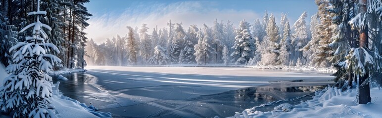Fototapeta premium Frozen Lake Surrounded by Snow-Covered Pine Trees