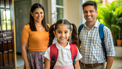 Obraz premium Happy Parents Preparing Their Daughter for School Day