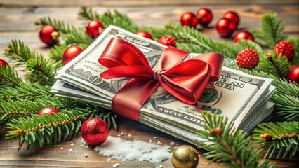A festive holiday scene with a stack of cash wrapped in a red bow, surrounded by ornaments and evergreen branches, symbolizing a prosperous Christmas season.