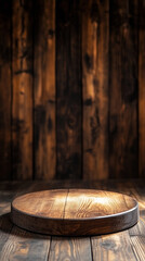 Fototapeta premium Wood stage on top of a rustic wooden floor against a backdrop of dark, textured wood planks. Great for product photography