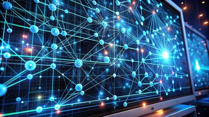 Obraz premium A futuristic computer screen displaying a complex network of interconnected nodes and circuits, representing the free flow of information in an open data system.