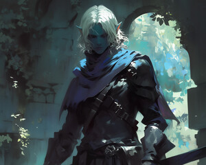 drow warrior with white hair, standing in a darkened ruin, exuding a sense of menace and control