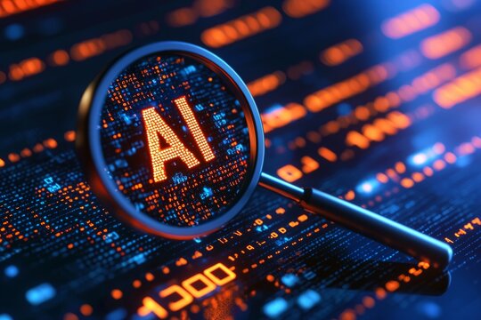 A magnifying glass icon with text "AI" placed over a stream of flowing binary code, with the numbers under the icon glowing brightly. 