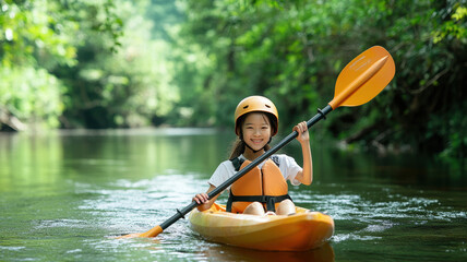 川でカヌーをする女の子。Generative AI