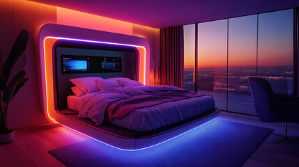 A high-tech bedroom featuring a smart bed that adjusts firmness and temperature, with ambient lighting controlled by voice commands and a digital assistant providing sleep analytics on a bedside 
