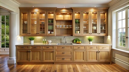 Elegant wooden kitchen hutch with glass paneled doors and ample storage in a stylish kitchen setting