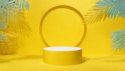Digital illustration round white pedestal yellow background plac