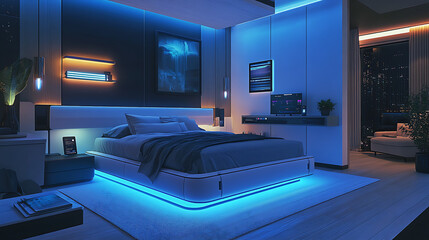 A high-tech bedroom featuring a smart bed that adjusts firmness and temperature, with ambient lighting controlled by voice commands and a digital assistant providing sleep analytics on a bedside 