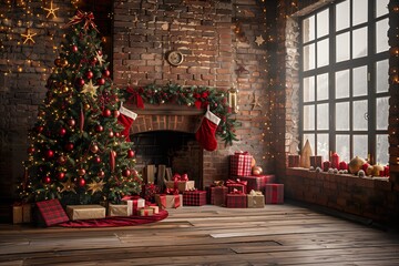 Living room with Christmas trees and decorations, wooden floor. Christmas background for photo shoot.