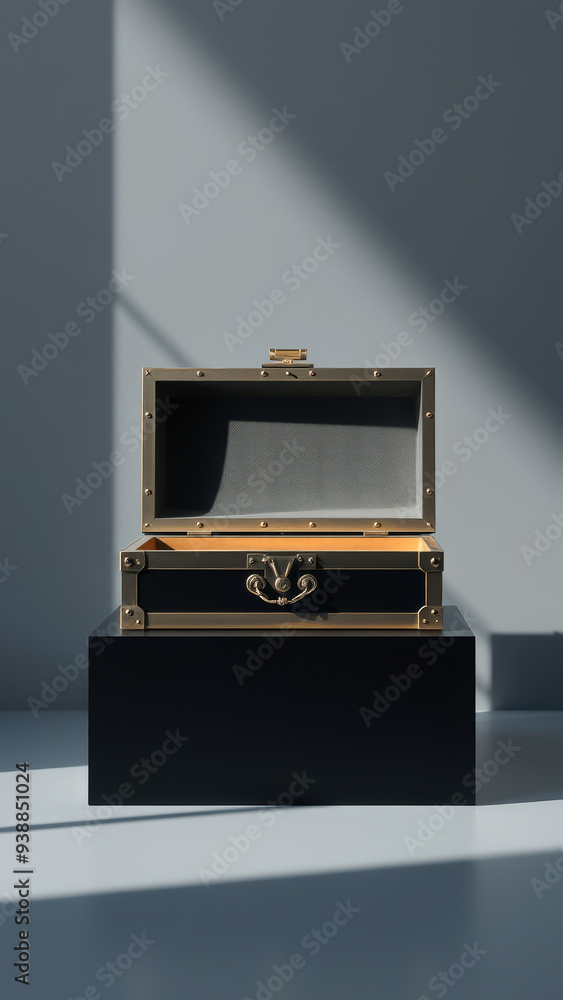 Sticker Open Gold and Black Box with Gold Hardware on a Black Platform