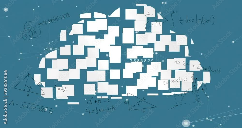 Poster animating mathematical equations and formulas over cloud computing concept