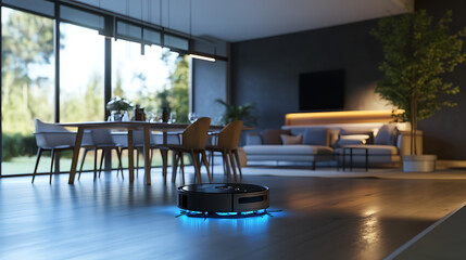 Fototapeta premium A modern dining room with an AI-powered robot vacuum cleaner moving across the floor, while the lighting and climate settings are controlled by a central home automation system displayed on 