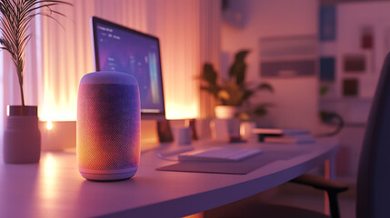 A modern home office with a person using voice commands to adjust lighting and temperature, with a smart assistant device on the desk and an AI-powered virtual assistant displayed on a computer 