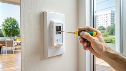 A handheld thermostat device is being securely fastened to a wall by a screwdriver, with wires and mounting base visible in a modern home interior.