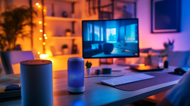 A modern home office with a person using voice commands to adjust lighting and temperature, with a smart assistant device on the desk and an AI-powered virtual assistant displayed on a computer 