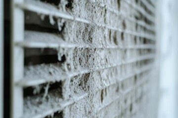 Close-up of a dusty, dirty ventilation grill, highlighting neglect and the need for cleaning and maintenance.