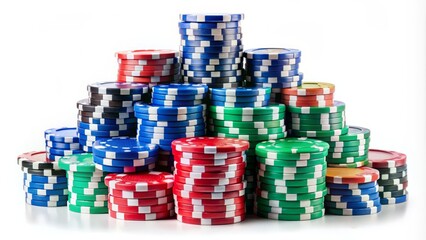 A heap of assorted colorful poker chips stacked in a neat pyramid, isolated on a clean white background, with a shallow depth of field.