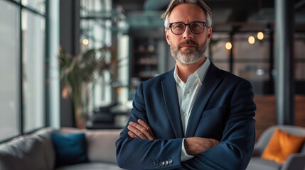 Fototapeta premium Confident Businessman in a Blue Suit Standing in an Office Setting