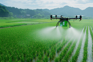 水田の上を飛ぶ農業用ドローン。Generative AI