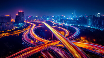 Fototapeta premium A city at night with a lot of traffic and a lot of lights. The lights are bright and colorful, creating a sense of energy and excitement. The city is bustling with activity