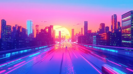 Fototapeta premium Neon lights illuminate a modern cityscape, casting a colorful glow over the urban environment at dusk, capturing the energy of modern life.