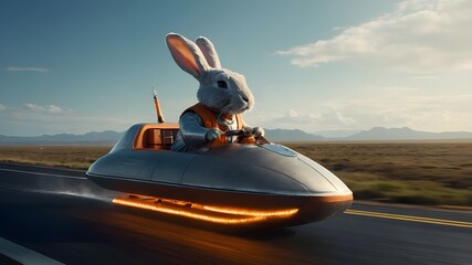 A sleek, futuristic bunny with metallic fur, riding a carrot-shaped hovercraft and wielding a spinning wheel made of pure energy.