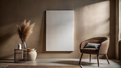 Wall poster mockup with blank white template for presenting images or illustrations on a minimalistic background with space for copy.