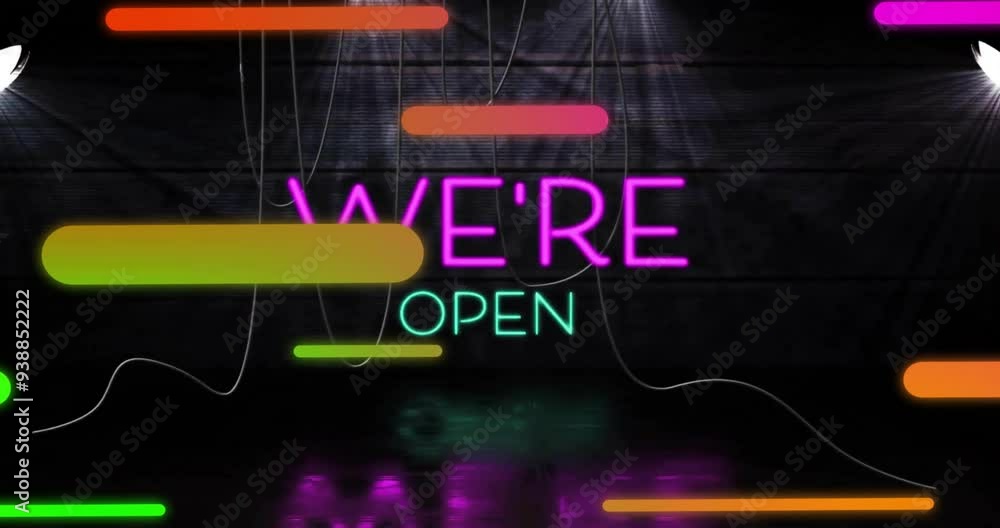 Poster we're open neon sign with colorful lines animation over dark background