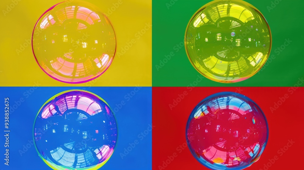 Poster a delightful display of colorful soap bubbles arranged in a grid pattern, highlighting their reflect