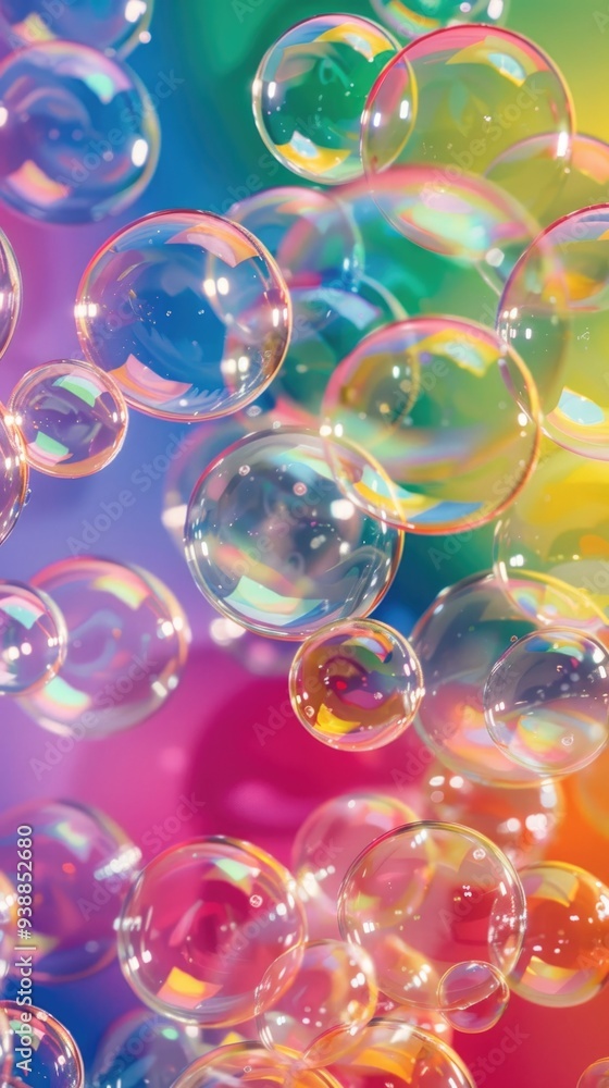 Poster countless soap bubbles float effortlessly, reflecting iridescent colors and creating a whimsical atm